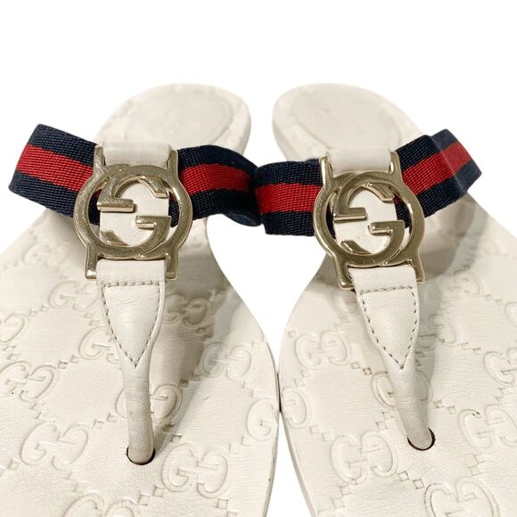 Gucci GG Web Stripe Thong Sandals EU 36.5 US 6.5 White Flip Flop Slide Flat Heel - Picture 4 of 11